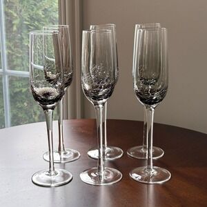 Pier 1 Crackle Glass Champagne Flutes Smoke Gray Clear Stem Set of 6 EUC Barware